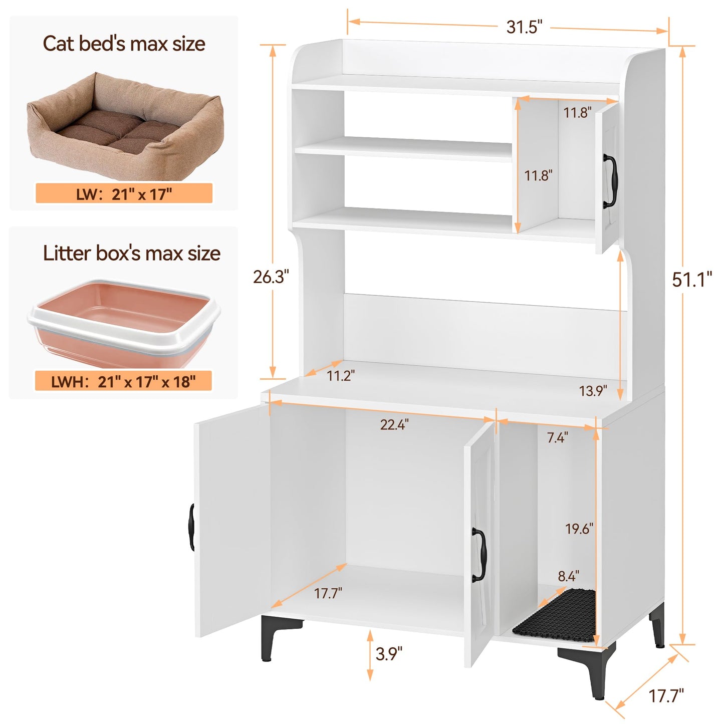 GarveeLife Cat Litter Box Enclosure with Shelves,Cat Litter Box Cabinet,Hidden Cat Box Furniture with Scratching Mat,Wood Sturdy Cat Washroom Storage, Indoor Cat House,White