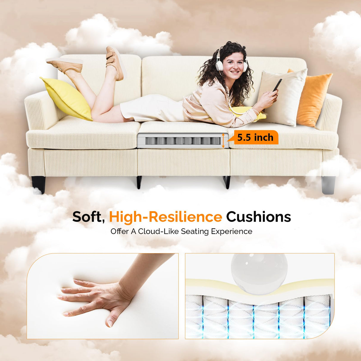 VINGLI Beige 83" Sofa Couches for Living Room, Corduroy Modern Comfy 3 Seater Couch 25.6" Deep Seat Upholstery Cozy Sofas for Small Space, Bedroom, Apartment, Home Office VINGLI