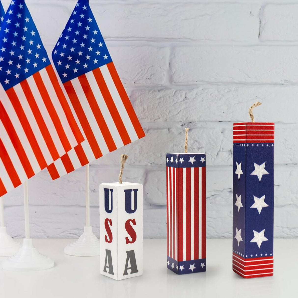 Hying 3 Pieces 4th of July Table Decor Patriotic Tiered Tray Independence Day Wooden Blocks American Table Centerpieces Red Blue Rustic Wood Signs for Tabletop Farmhouse Memorial Day Decorations Hying