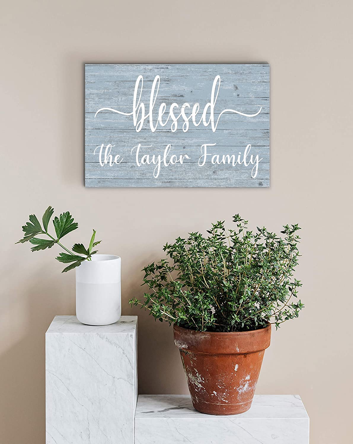 Blessed Sign Custom Family Name Sign Personalized - Solid Wood - Wall Art for Anniversary, New Home, Mother's Day, Couples Gift Idea (Blue) - WoodArtSupply