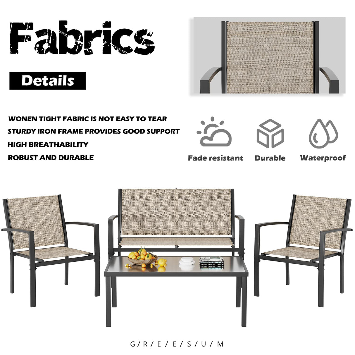 Greesum 4 Pieces Patio Furniture Set, Outdoor Conversation Sets for Patio, Lawn, Garden, Poolside with A Glass Coffee Table, Beige Greesum