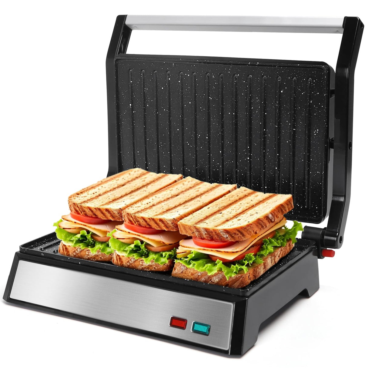 Aigostar Panini Press, 1200W Sandwich Maker and Electric Indoor Grill with Ceramic Non-Stick Coated Plates, Opens 180°to Fit Any Size of Food, Stainless Steel Surface & Removable Drip Tray, Silver Aigostar