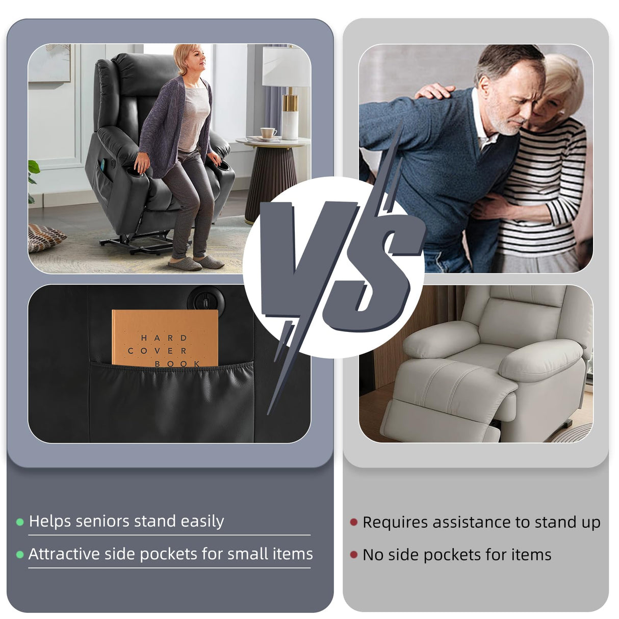 RESTREAL Power Lift Recliner Chair for Elderly, Electric Recliner Chairs for Adults with Massage and Heat, Cup Holders, Remote Control, USB Ports, Side Pockets, Leather (Black) RESTREAL