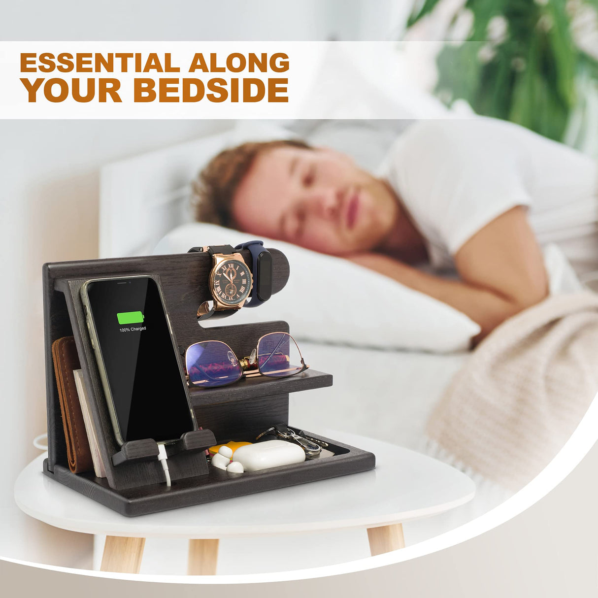 TESLYAR Wood Phone Docking Station for Men - Desktop or Nightstand Organizer - Birthday Gifts for Men, Dad - Anniversary Idea from Wife - Key Holder, Stand Wallet, Watch & Essentials (Fumed Black) TESLYAR