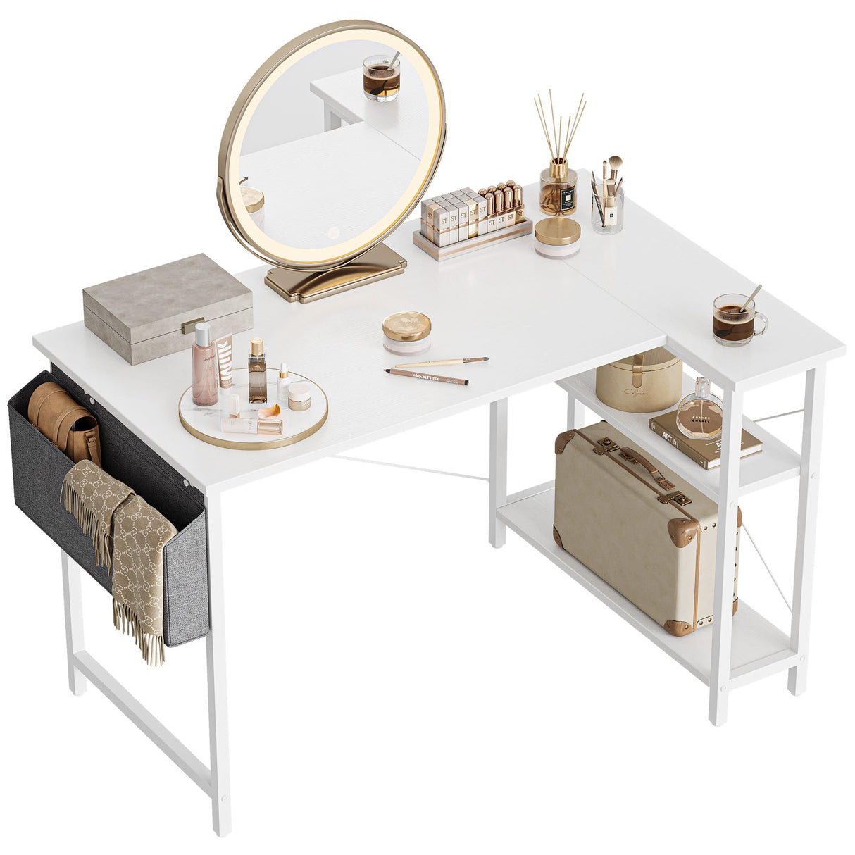 BANTI L Shaped Small Computer Desk with Storage Shelves, 40" Home Office Small Corner Desk Study Writing Table, White BANTI