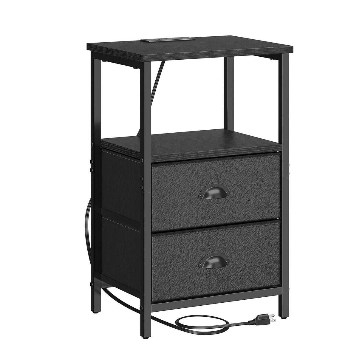 sthmec Nightstand with Charging Station, Night Stand with 2 Fabric Drawers PU Finish, Bedside Table End Table with LED Light, 3-Tier Storage Side Table Nightstand with Drawers for Bedroom,Black sthmec