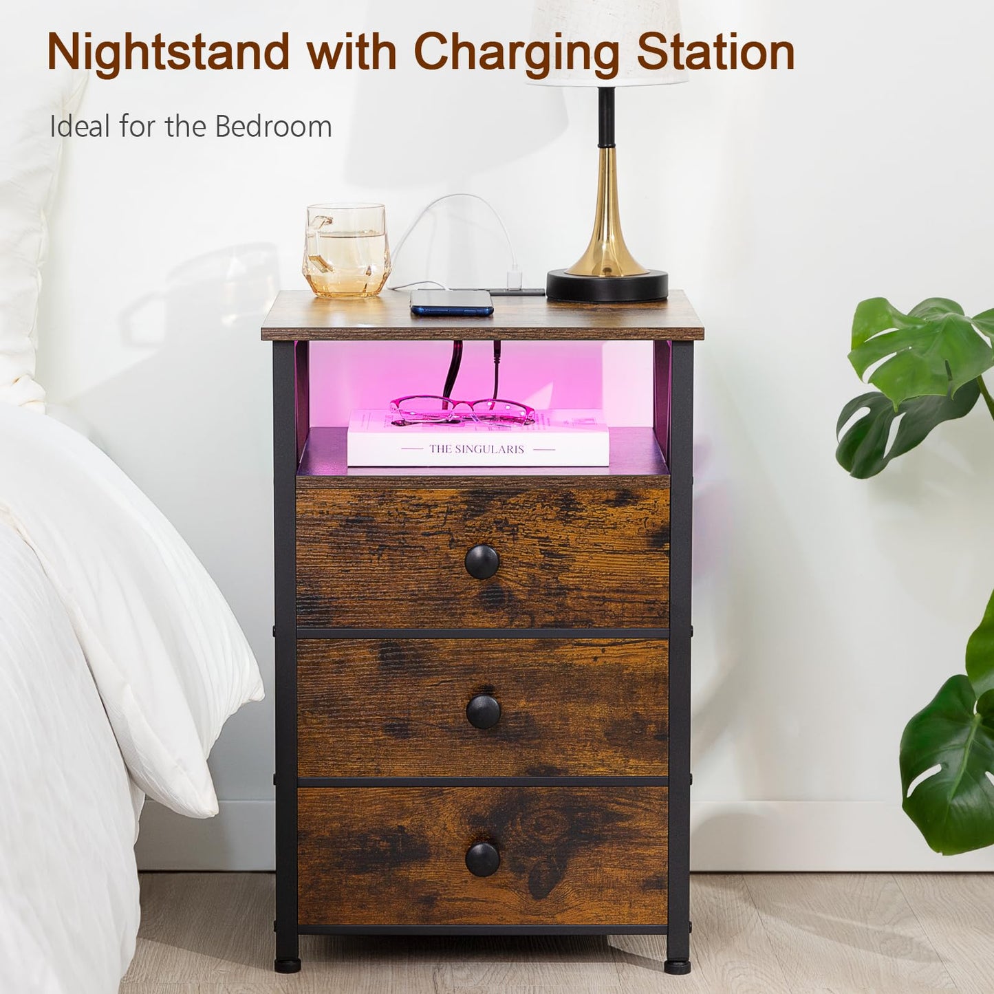 AMHANCIBLE Night Stand Set 2, LED Nightstand with Charging Station, End Side Tables with USB Port & Outlet, Bedside Tables with Fabric Drawers for Bedroom Living Room, Rustic Brown HET053LBR - WoodArtSupply