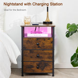 AMHANCIBLE Night Stand Set 2, LED Nightstand with Charging Station, End Side Tables with USB Port & Outlet, Bedside Tables with Fabric Drawers for Bedroom Living Room, Rustic Brown HET053LBR AMHANCIBLE