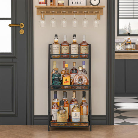 3-Tier Trapezoid Liquor Stand for Home Bar, Stepped Wine Racks Freestanding Floor for Liquor Whiskey Wine,Versatile Corner Wine Bottle Display Stand with Fences, Vintage Brown（Patent Pending） Hayexiha