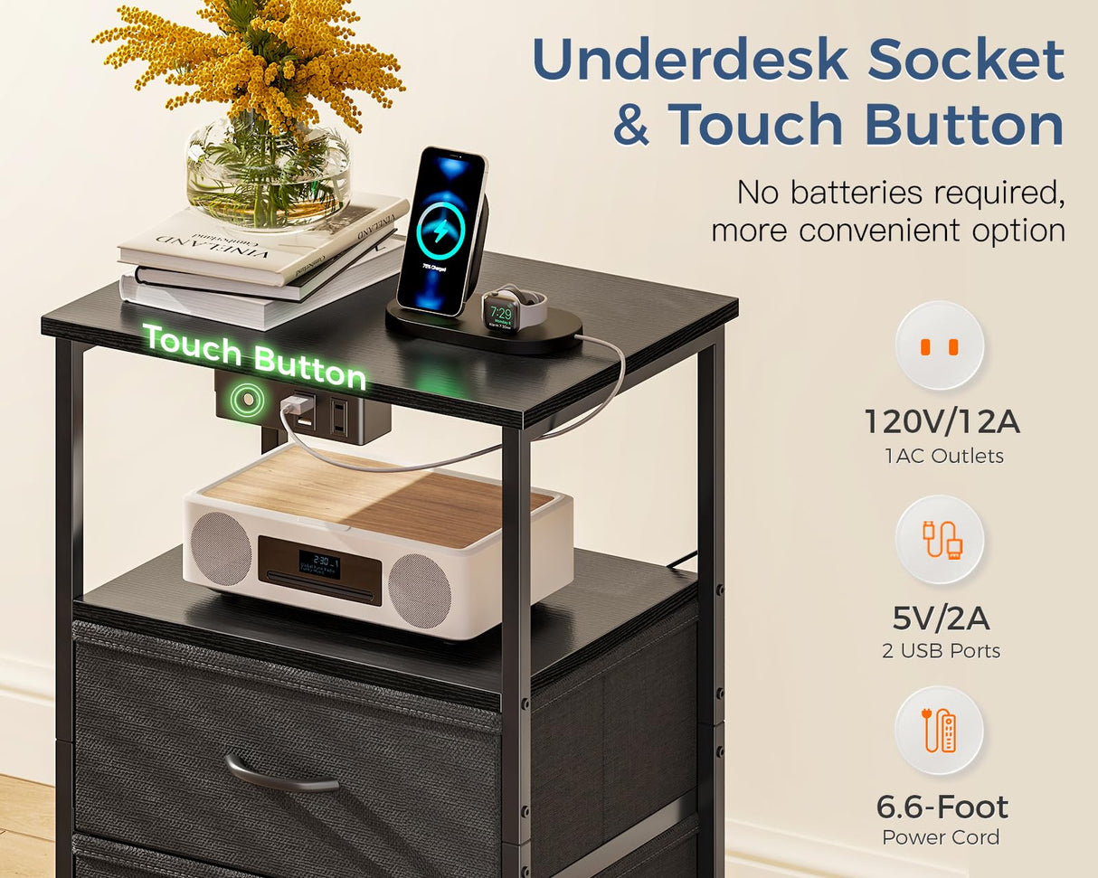 Casaottima BlackNight Stand with Light Strip andCharging Station — USB Ports & Power Outlets, Small Nightstand with 3 Fabric Drawers and Open Shelf, Bedside Table for Bedroom Casaottima