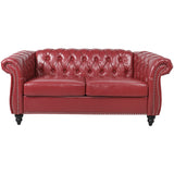 Chesterfield Loveseat, Modern Leather Sofa Tufted Couch 2 Seater with Rolled Arms and Nailhead for Living Room, Bedroom, Office, Apartment (Burgundy) ORRD