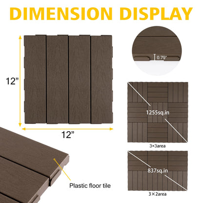 Famobay Plastic Interlocking Deck Tiles,Wood-Like Grain,Waterproof Outdoor Flooring All Weather Use, Patio Floor Decking Tiles for Porch Poolside Balcony Backyard(12"*12", Dark Coffee, 9)