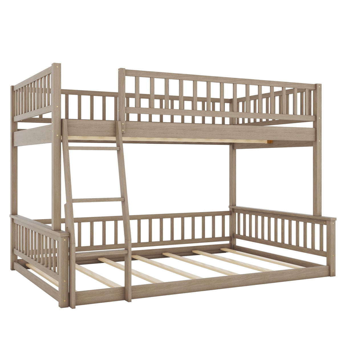 XD Designs Full XL Over Queen Bunk Bed with Safety Guardrails, Solid Wood Floor Bunk Bed Frame with Sturdy Slat Support for Kids Teens Adults, Detachable Design (Walnut-tra) XD Designs