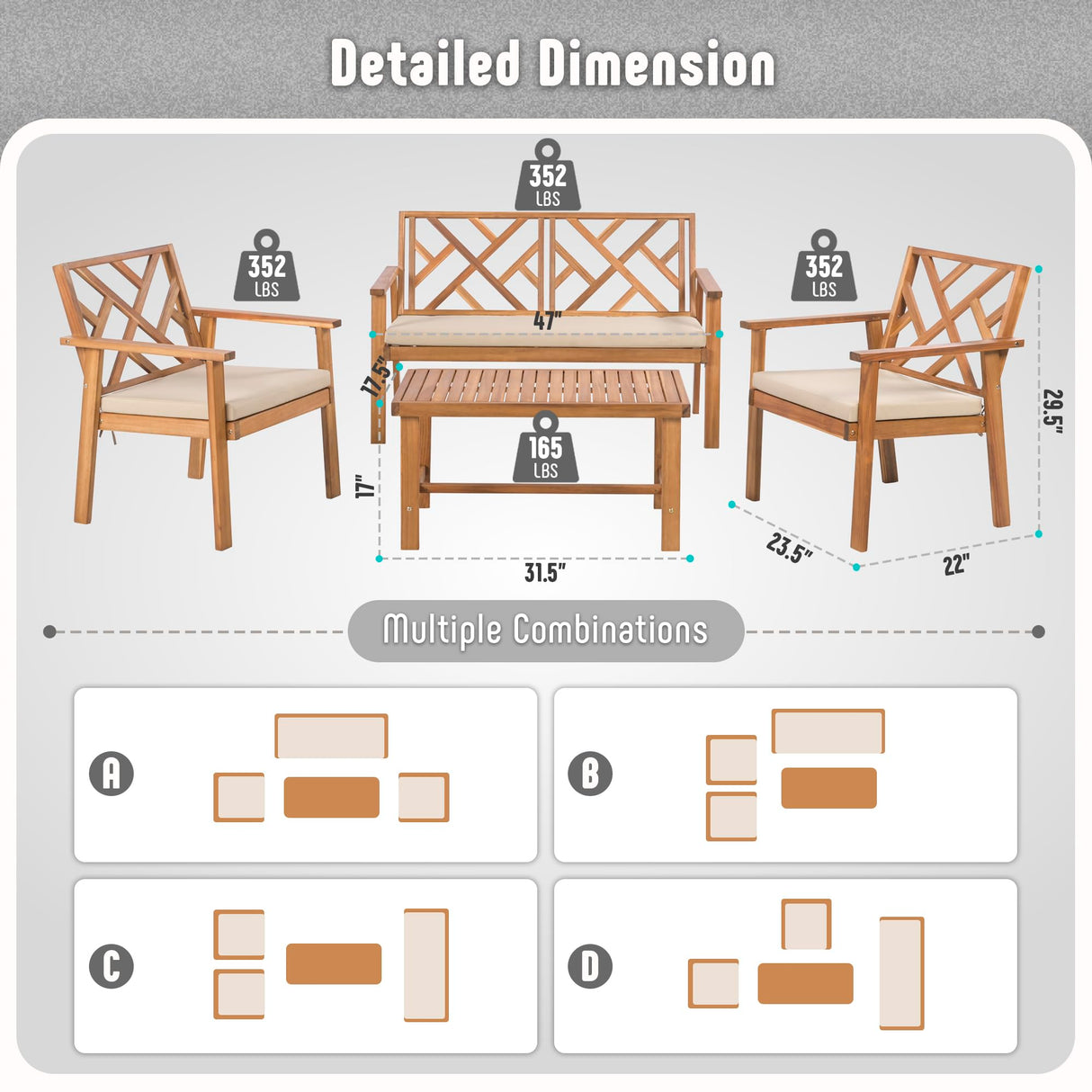 Werph Outdoor Patio Furniture Set, 4 Piece Patio Sofa Bench and 2 Single Sofa Chairs with Table & Padded Cushions, Acacia Wood Outdoor Patio Lounge Conversation Set for Deck Backyard Balcony Werph