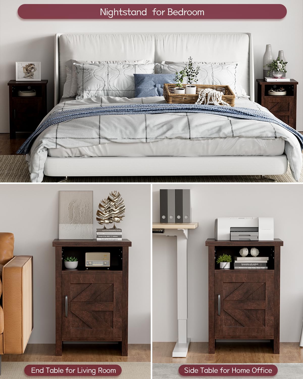 YESHOMY Farmhouse Modern Nightstand with Shelf and Barn Door, Set of 2 for Bedroom, Espresso YESHOMY