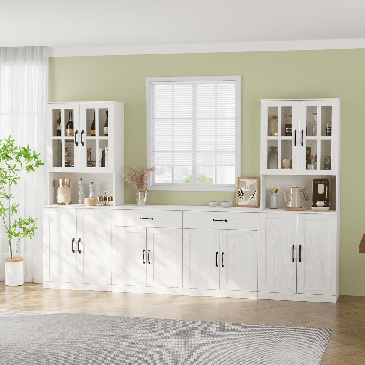 VOWNER 95" TV Stand for TVs up to 75", 4-Piece TV Hutch with Cabinets, Entertainment Center with Bookshelves, Modular TV Console for Living Room, 2A+2F (White) VOWNER