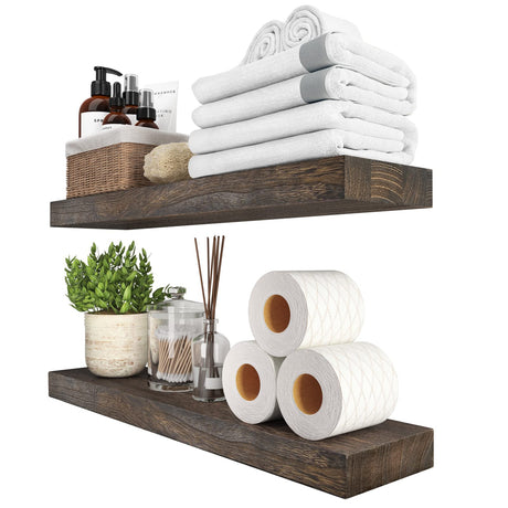 SAUCE ZHAN Floating Shelves 24 inch Rustic Natural Wood Wall Shelf Set of 2 Open Shelving Farmhouse Live Edge Light Wooden Wall Mounted Decor for Bathroom, Living Room, Bedroom, Kitchen, Dark Brown SAUCE ZHAN