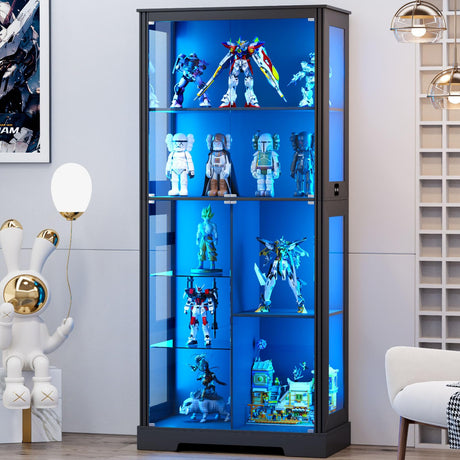 HNEBC 71'' Display Cabinet Bookcases with 5-Tier and 3 Color Lights for Books Toys Liquor Black,Curio Cabinet with Human Body and Adjustable Shelf for Bedroom, Living Room HNEBC