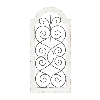 Deco 79 Wood Scroll Home Wall Decor Arched Window Inspired Wall Sculpture with Metal Scrollwork Relief, Wall Art 10" x 1" x 20", White