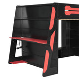 MaiDeHaoo Full Size Wood Gaming Loft Bed with Desk and Multi-Storage Shelves High Loft Bed Frame with LED Lights and Bookshelf for Teens Adults - Red+Black MaiDeHaoo