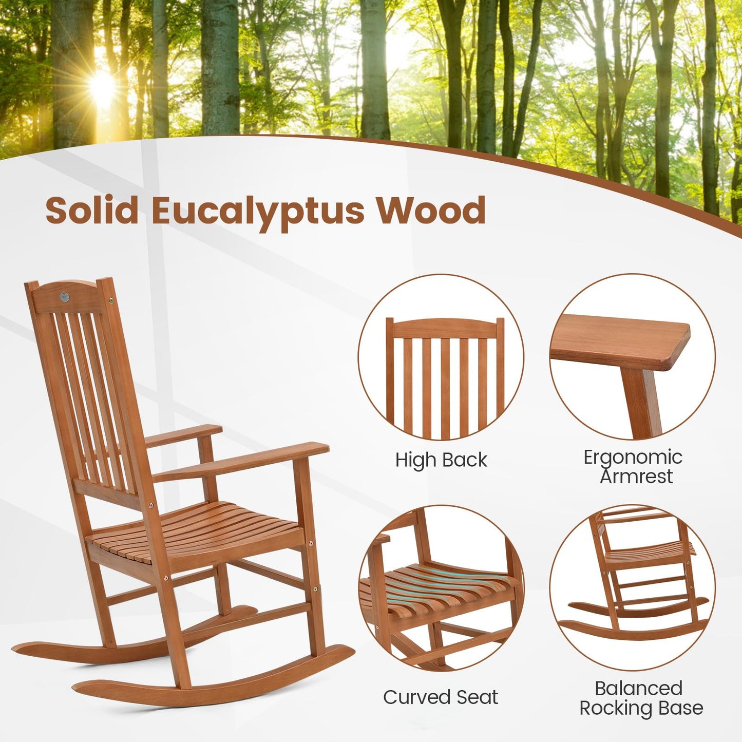 Tangkula Patio Rocking Chair with 400 lbs Weight Capacity, Eucalyptus Wood Porch Rocker with High Back, Patio Rocker Chair for Indoor and Outdoor Use (1) - WoodArtSupply