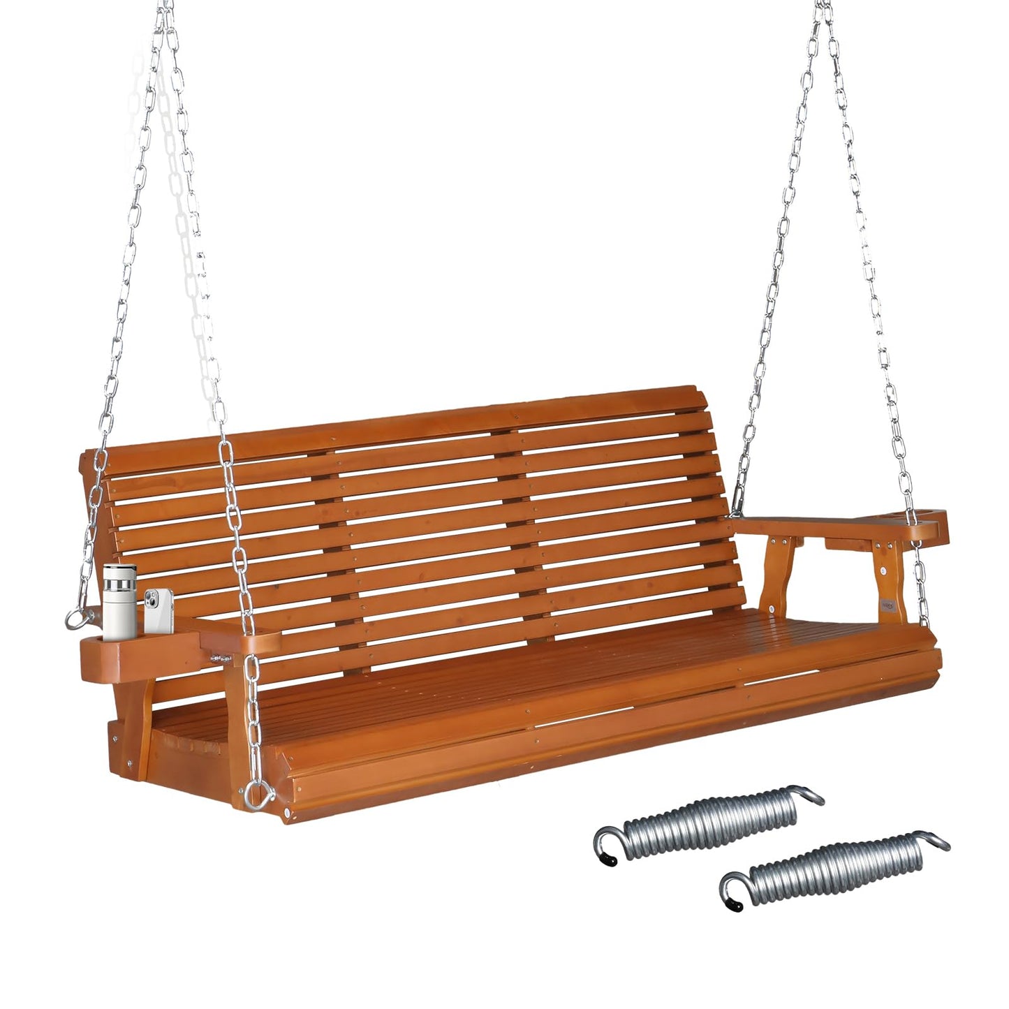 VINGLI XL Size Patio Wooden Porch Swing Outdoor with Cup Holders & Phone Slots, Heavy Duty 880 LBS Hanging Swing Chair Bench with Hanging Chains for Yard, Lawn, Garden (5 FT Pro, Brown) - WoodArtSupply