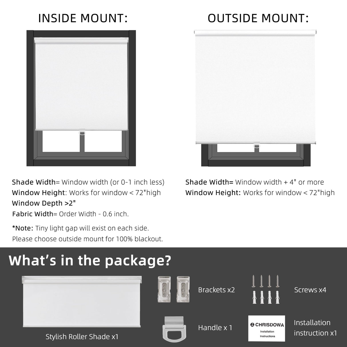 ChrisDowa Cordless Free-Stop 100% Blackout Blinds for Windows, Roller Windows Shades with Thermal Insulated, UV Protection Fabric for Living Room, Office and Home. Easy to Install.White,34" W X 72" H ChrisDowa