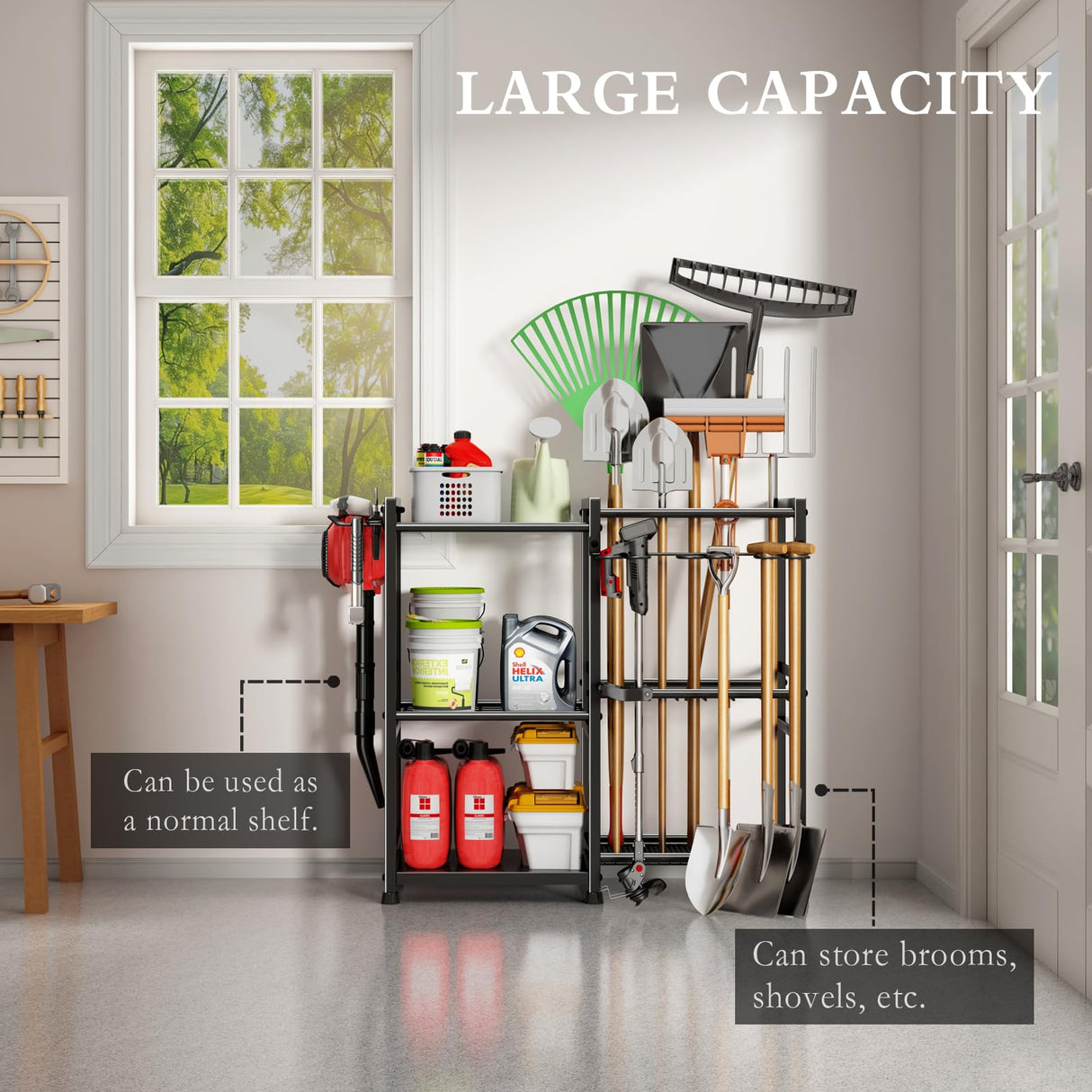 CICUFY Garden Tool Organizer Storage Metal Yard Tool Organizer Heavy Duty Garden Tool Rack Stand with 2 Extra Hooks, Up To 70 Long Handled Shovels/Rakes/Brooms Holder for Garage,Shed,Outdoor(Black) CICUFY