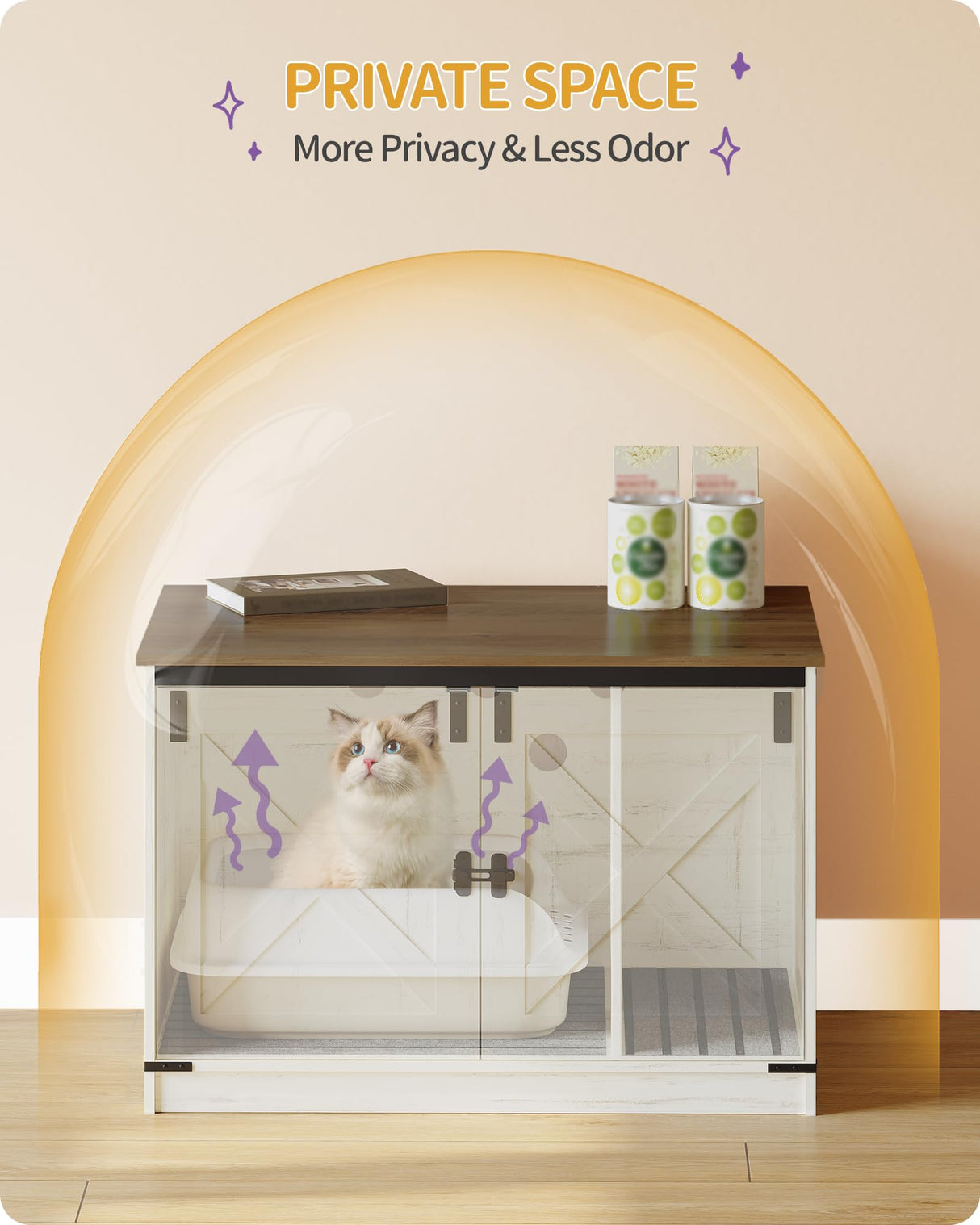 Hzuaneri Cat Litter Box Enclosure with Cushion, Hidden Litter Box Furniture with Removable Dividers, Reversible Entrance Left or Right Side, Cat House, Rustic White and Brown CB84614X Hzuaneri