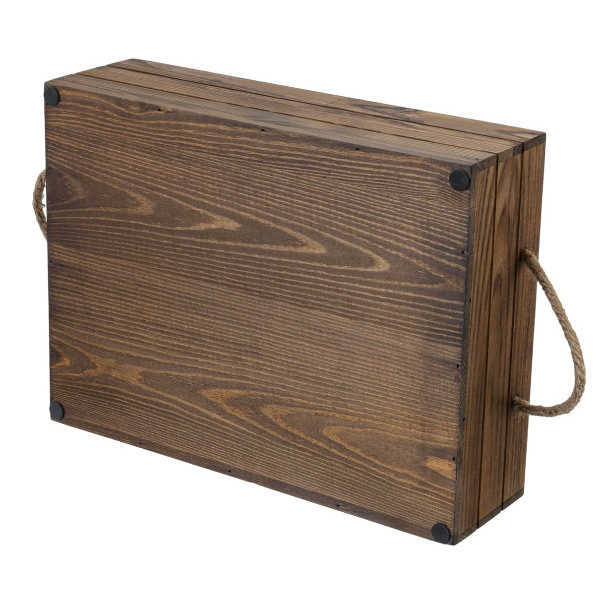 MyGift 15 Inch Large Rustic Brown Solid Wood Decorative Storage Box with Rope Carrying Handles, Country Style Wooden Crate, Farmhouse Pallet Design Open Top Bin MyGift