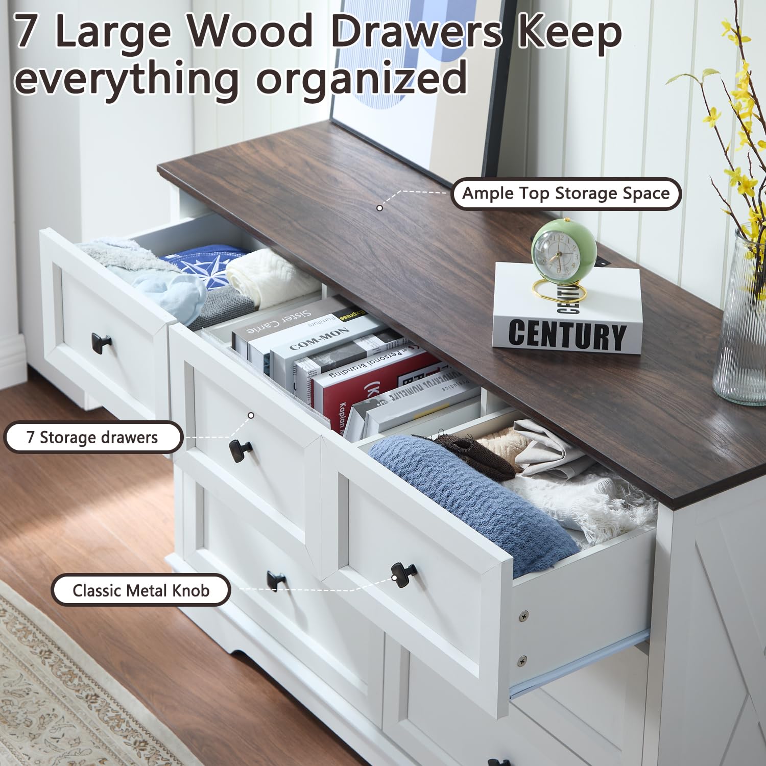 LDTTCUK Dresser for Bedroom with 7 Deep Drawers, Modern Dresser with Charging Station 7 Chest of Drawers, Wood Storage Organizer Dresser, Nursery Dresser for Living Room, Hallway, Solid White - WoodArtSupply