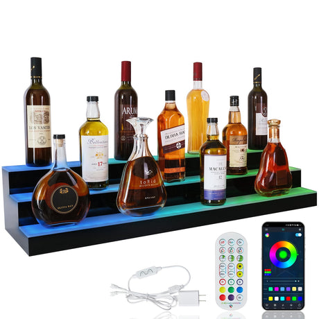 ClarityCraze LED Lighted Liquor Bottle Display Shelf, 3 Tiers 40 Inch Bar Bottle Display Shelf with Remote and App Control for Home Bar Party Whiskey Wine Coffee Syrup Water Bottle Display ClarityCraze