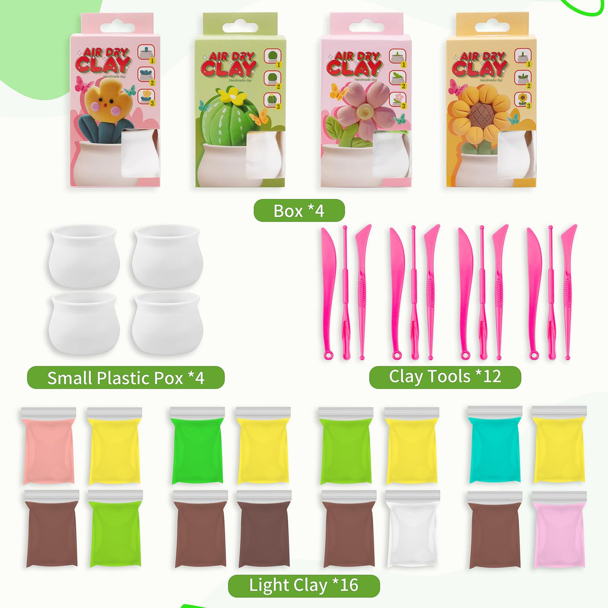 Alvian Air Dry Clay Succulent Plant Pot Kits Modeling Clay, DIY Airdryclay Kit with Sculpting Tools, Non-Toxic Ultra Light Modeling Magic Clay, Art Crafts Gift for Boys Girls Alvian