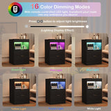 Yusong Night Stand with Gun Drawer & Invisible Lock, Bedside Table, LED Nightstand with Charging Station, Modern Night Stand, Wood Sofa Couch End Side Table with 2 Pull-Out Shelf, Black Yusong