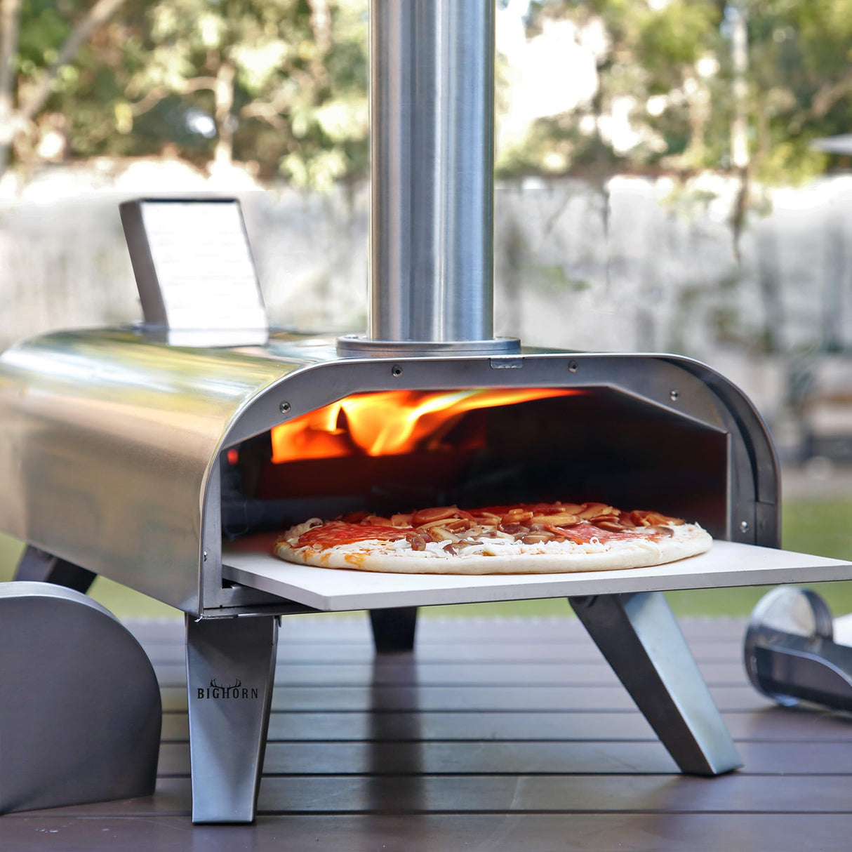 BIG HORN OUTDOORS Pizza Ovens Wood Pellet 12” Pizza Oven Cooking Pizza Maker Portable Stainless Steel Pizza Grill, Silver Portable Party use BIG HORN OUTDOORS