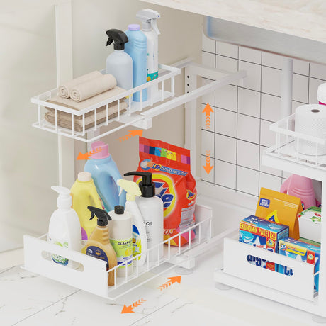 2 Pack Under Sink Organizer, 2-Tier Heavy Duty Metal Pull Out Cabinet Organizer Slide Out Sink Shelf Organizer Height Adjustable, Multi-Purpose Storage Shelf for Kitchen Bathroom (White,2 Pack) Toyear