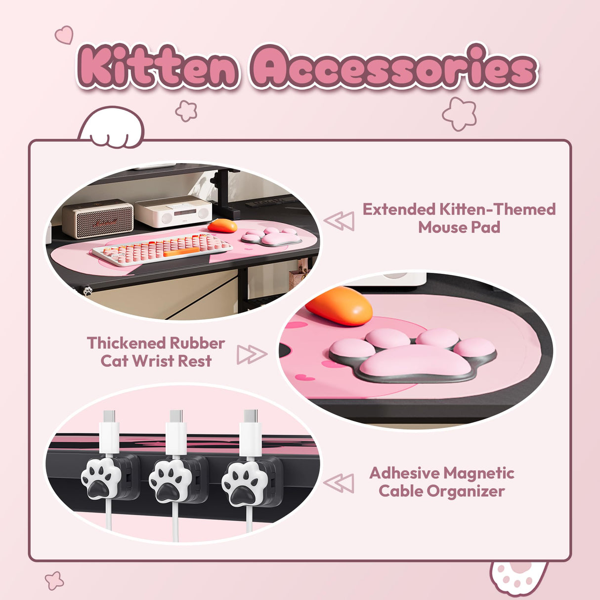 Dowinx L-Shaped Gaming Desk Cute with Cat Accessories, Built-in Power Outlet, Monitor Shelf, and Side Storage – Sturdy Metal Frame for Gamers and Home Office, 43-Inch, Black&Pink Dowinx