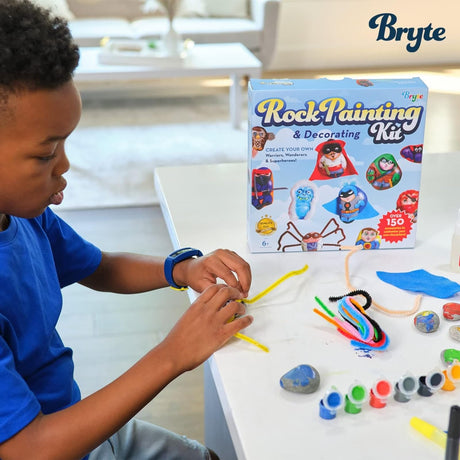 BRYTE 150+ Piece Deluxe Kids Rock Painting Kit, 10 Rocks with Waterproof Paints, Glue & Accessories, DIY Arts and Crafts STEM Activities for Age 6-12 Years, Warrior & Monster BRYTE