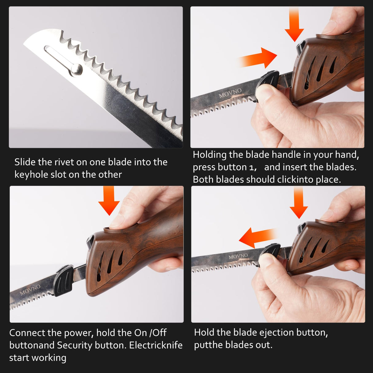 MOVNO Electric Knife for meat slicing, Carving Turkey, Bread, Poultry, Fillet, Crafting Foam and More, 2 Reciprocating Serrated Stainless Steel Blades, Ergonomic Handle, 60 inch Cord MOVNO