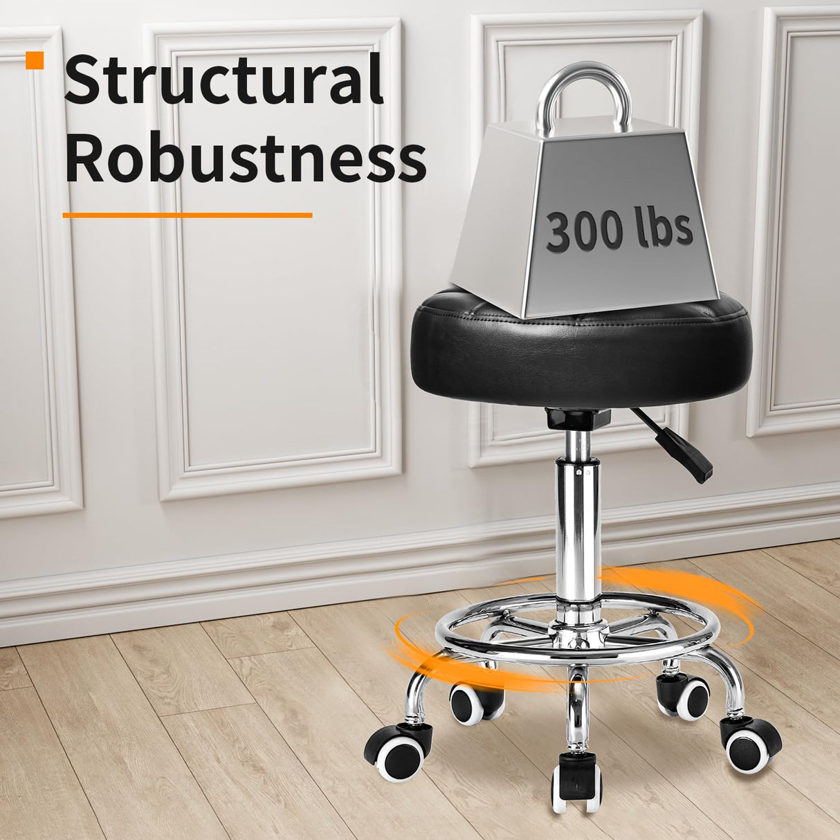 Rolling Stool PU Leather Round - Ultra Soft Padded Seat Cushion Stool with Wheels with Footrest, Weight Capacity 300lb,Adjustable Height Stool for Tattoo Massage Salon Medical Spa Center (Black1) YEEZEE