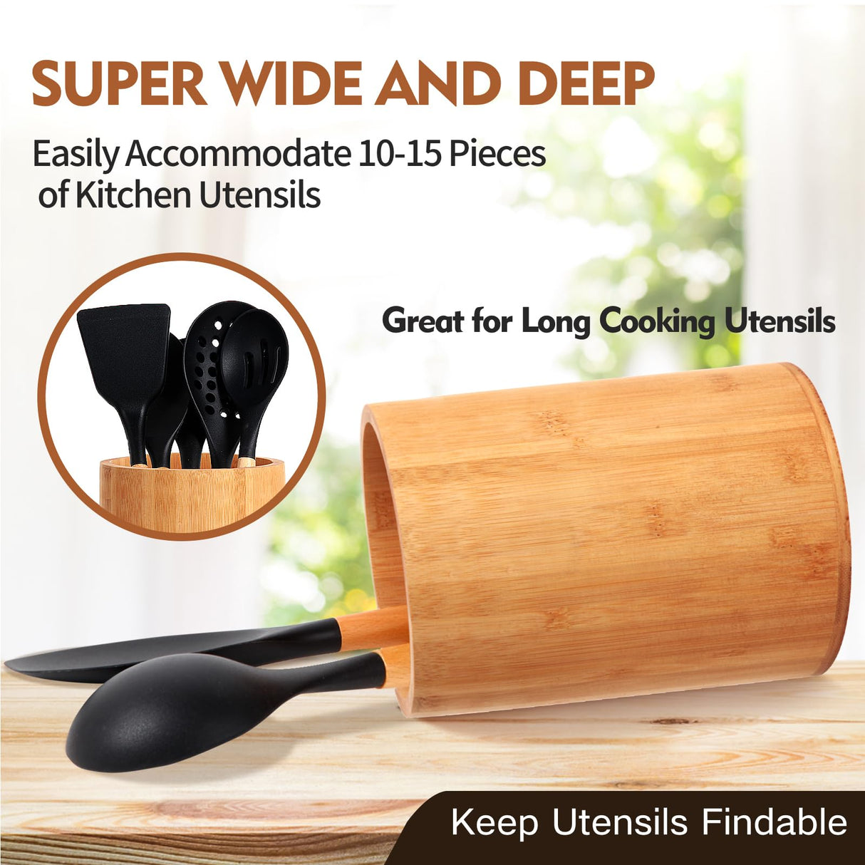 Bamboo Utensil Holder, Large Utensil Holders for Kitchen Counter, Bamboo Spoon and Chopstick Holder for Kitchen Decor, Flatware and Spatula Storage Organizer, for Countertop, Pantry and Bathroom SLNIHAMS