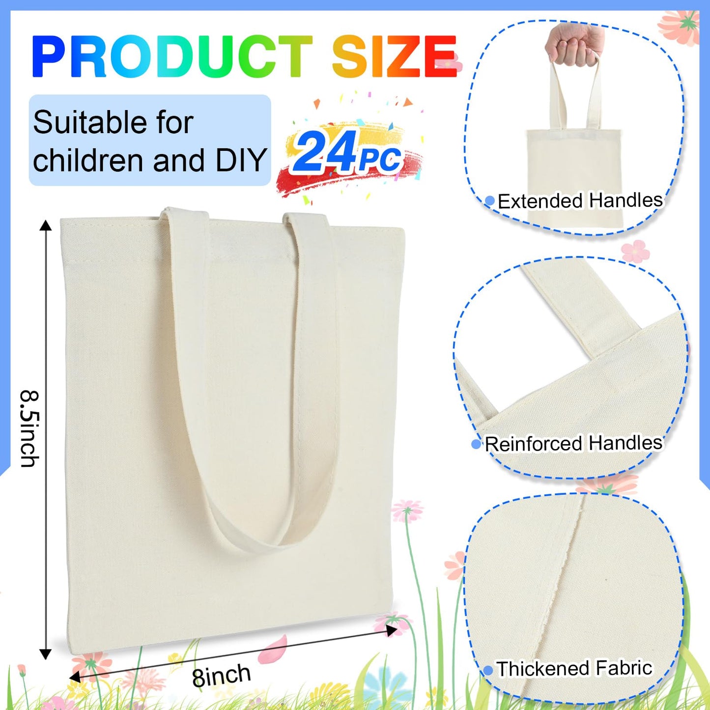 Zioffiel Small Canvas Tote Bags Bulk 24 Pack, Sublimation Tote Bags Blank with Acrylic Paint Set, Reusable Cotton Canvas Bags with Handles, Mini Tote Bag To Decorate DIY Crafts, 8"x8.6"