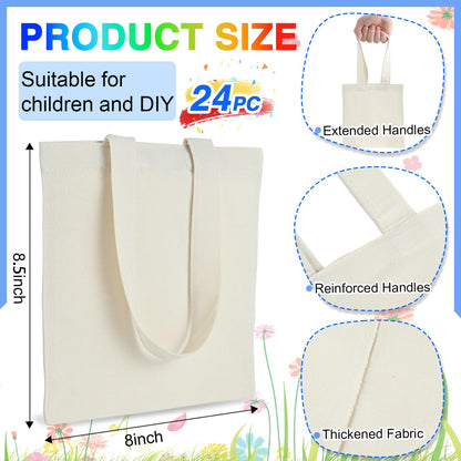 Zioffiel Small Canvas Tote Bags Bulk 24 Pack, Sublimation Tote Bags Blank with Acrylic Paint Set, Reusable Cotton Canvas Bags with Handles, Mini Tote Bag To Decorate DIY Crafts, 8"x8.6"