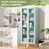 Crownland Metal Storage Cabinet with Glass Doors, Display Curio Glass Cabinet with 4 Adjustable Shelves, Tall Modern Office Storage Cabinets for Home Office, Living Room, Pantry(Light Blue) Crownland