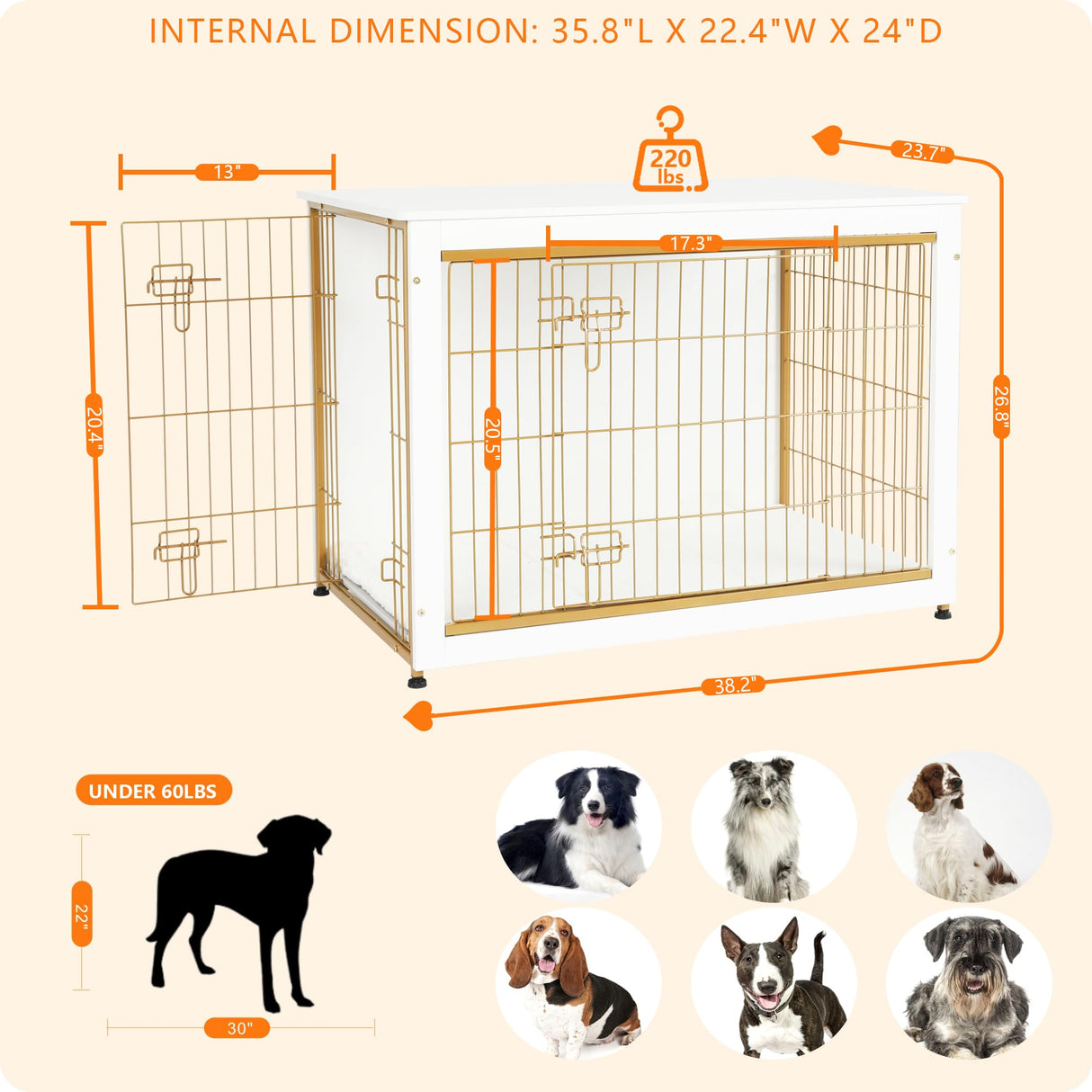 DWANTON Dog Crate Furniture with Cushion, Wooden Kennel Table with Double Doors, Indoor Dog House, Large Size, 38.5" L, White Dwanton