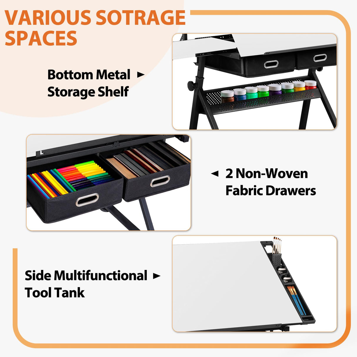 SUPER DEAL Adjustable Drafting Table Set with Charging Station, Tilting Drawing Desk Artist Desk with Stool Multifunctional Art Craft Workstation with 2 Storage Drawers, White SUPER DEAL