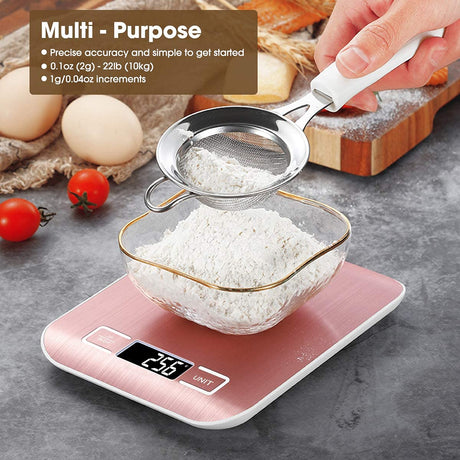 Mik-Nana Food Scale Pink, 10kg/22lb Digital Kitchen Scale Weight Grams and Oz for Baking and Cooking, 1g/0.1oz Precise Graduation, Easy Clean Stainless Steel Mik-Nana