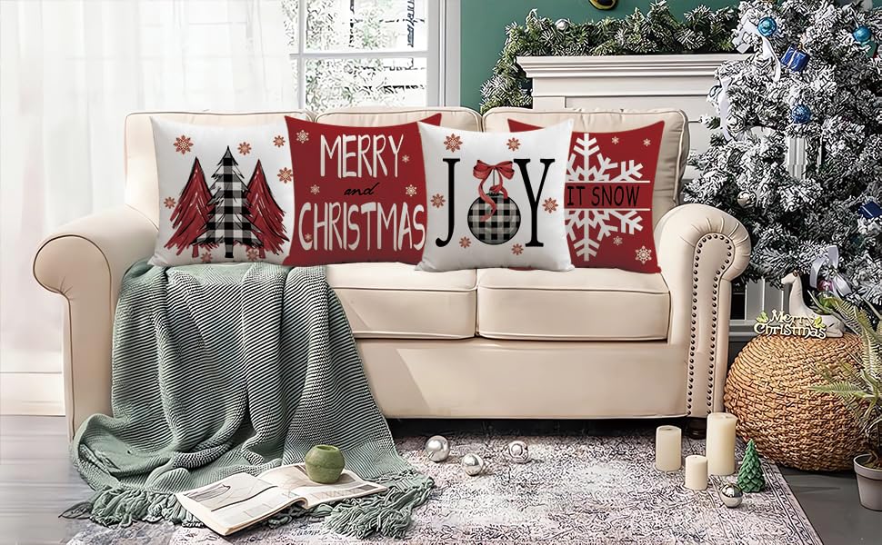 Mimkus Merry Christmas Red Throw Pillow Covers 18 x 18 Inch Set of 4 Christmas Joy Xmas Trees Winter Holiday Cushion Case for Sofa Couch Home Decor Mimkus