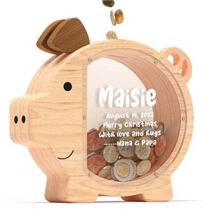 Summidate Custom Wooden Piggy Bank for Kids Boys Girls, Large Unbreakable Bills Coin Money Saving Box, Personalized Children Birthday Gift, Nursery