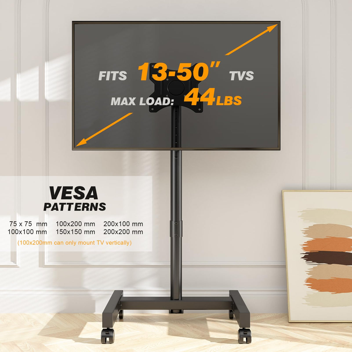 5Rcom Rolling TV Stand, Mobile TV Cart for 13-50 Inch Flat Curved TV with Tilting and Rotating, Portrait to Landscape, Height Adjustable Portable TV Stand with Wheels for Home/Office/Outdoor/Mall 5Rcom